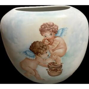 VTG 1996 Hand Painted Signed Oval Porcelain Vase Playful Cherubs 8.5"